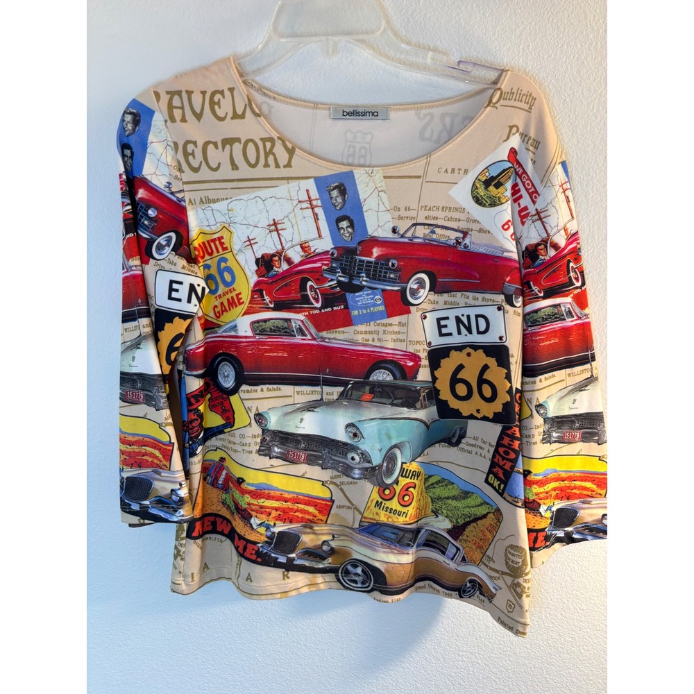 Bellissima Route 66 Vintage Car Graphic Top 3/4 Sleeve Americana Size Large